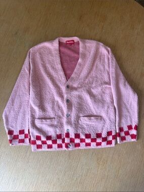 Supreme Pink Fuzzy Checkerboard Cardigan Sweater Size M